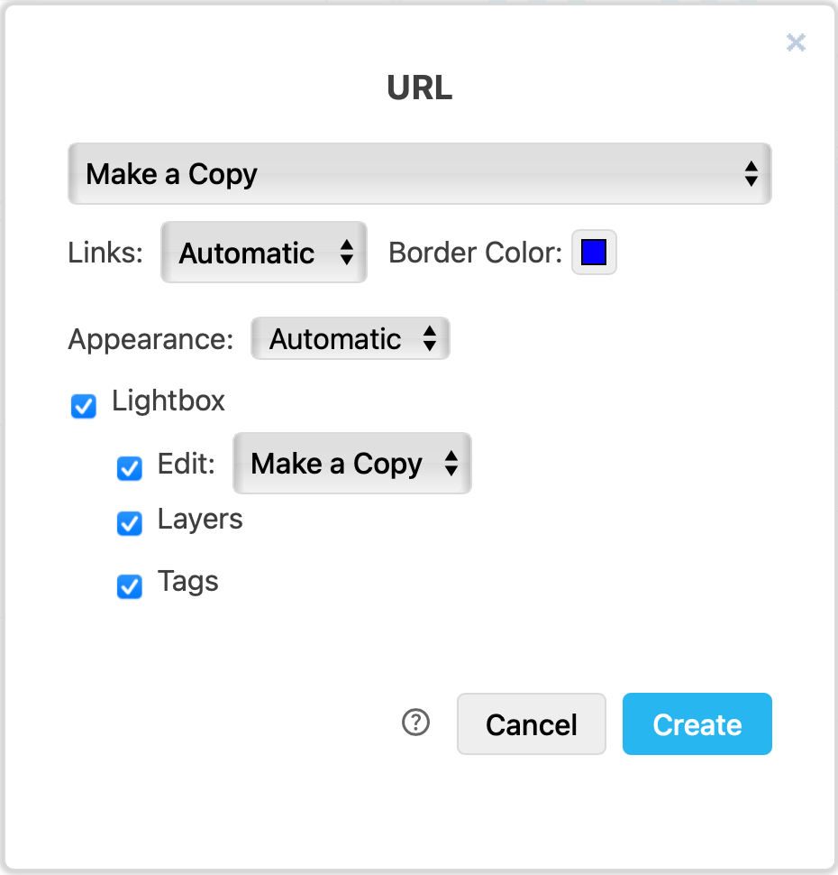 Options when exporting your diagram as a URL