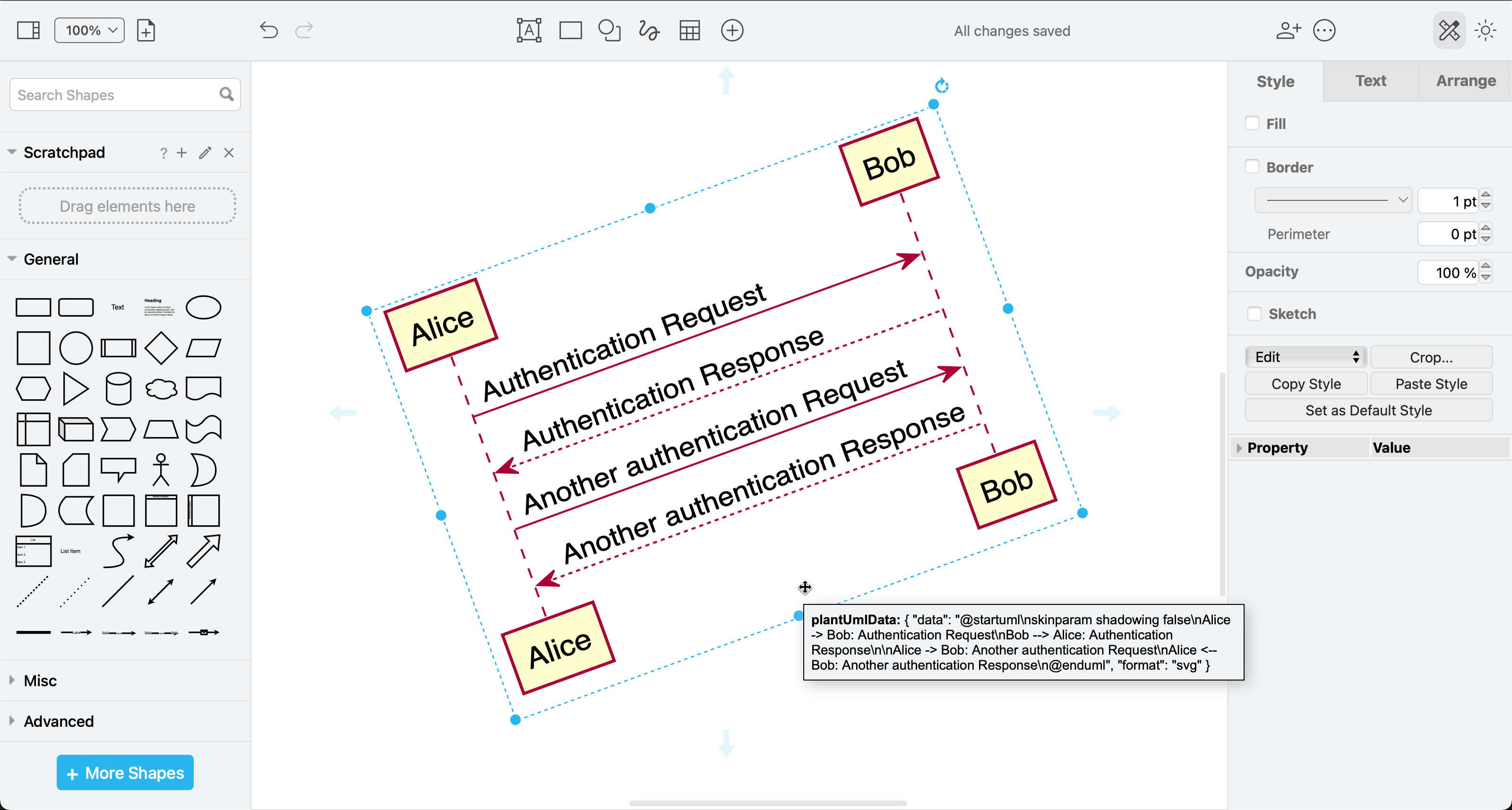 You can see the original PlantUML text when you hover over the image on the drawing canvas